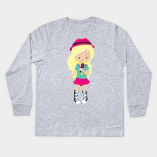 Rock Girl, Blonde Hair, Band Singer, Microphone Kids Long Sleeve T-Shirt